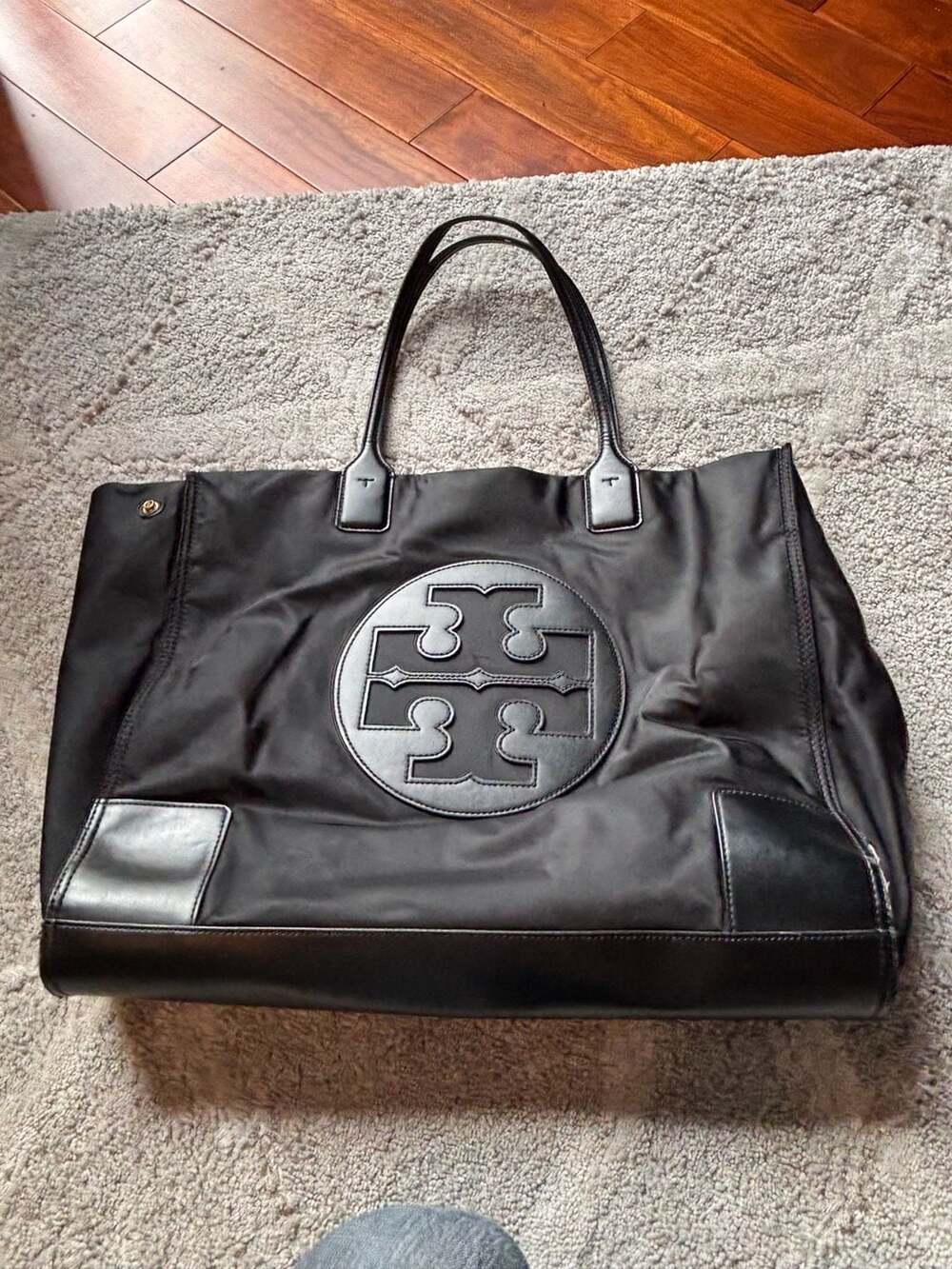 Tory Burch Ella Nylon Tote Bag Black Leather